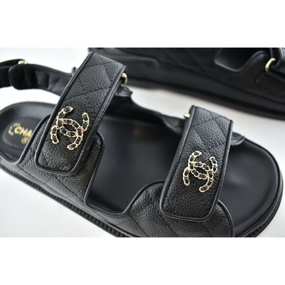 Chanel REV Black Caviar Gold CC Logo Mule Slide Strap Flat Teva Dad Sandal 36 - Picture 5 of 12